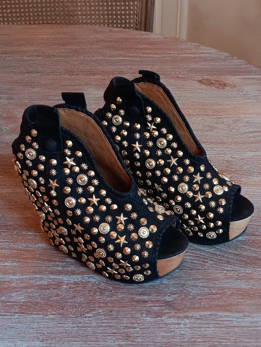 RARE Jeffrey Campbell Kelsey Black Suede Gold Studded Wedge Heels
